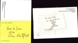 Pair of 2 signatures attached to postcards from June Whitfield and Dr. Patrick Moore CBE. DEDICATED.