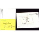 Pair of 2 signatures attached to postcards from June Whitfield and Dr. Patrick Moore CBE. DEDICATED.