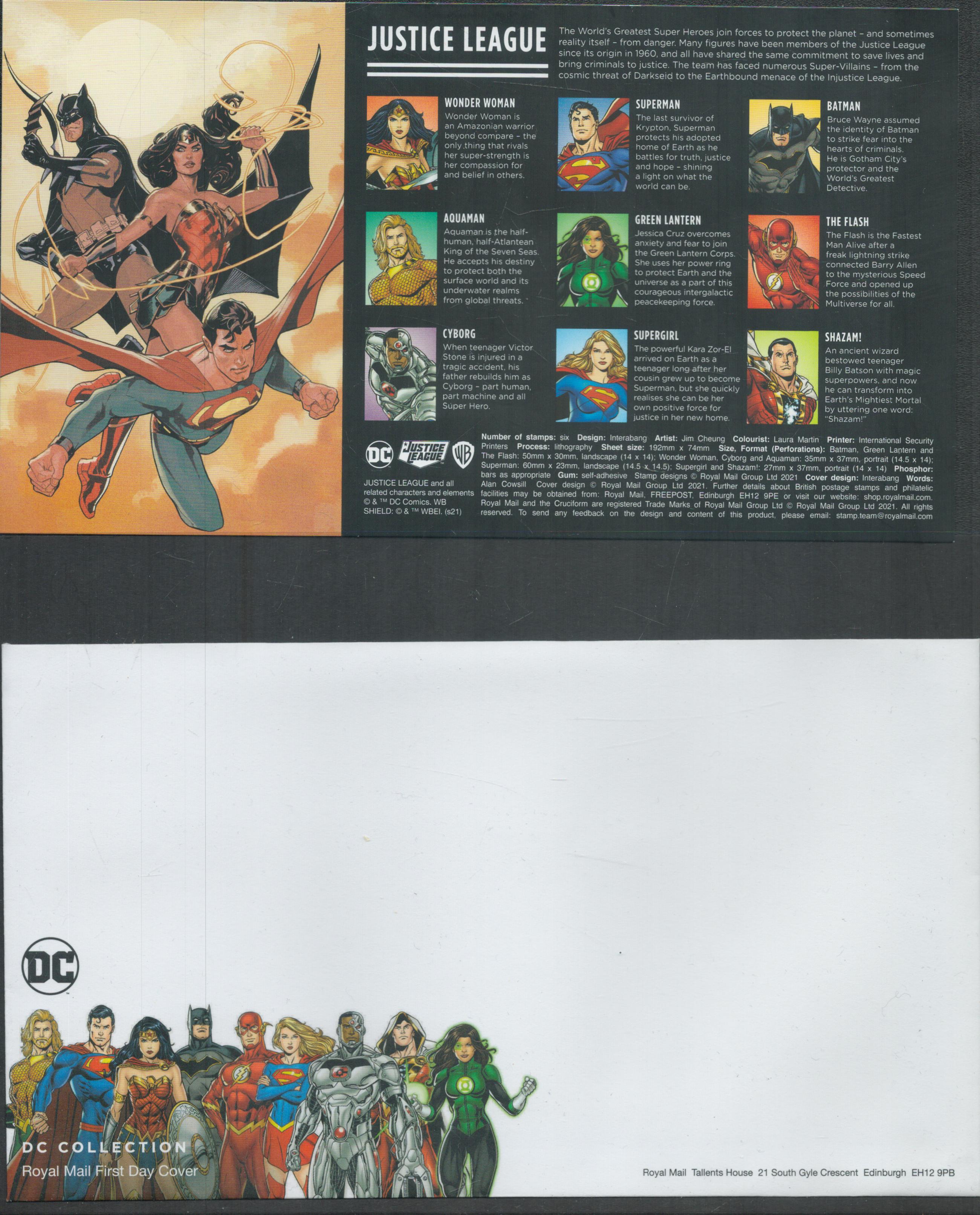 DC Justice League, 2021 FDC and stamp collection, included Set of 12 on Justice League Stamps, DC - Image 2 of 2