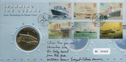 Millvina Dean, youngest Titanic survivor. A Spanning the Oceans Coin FDC, signed by Millvina Dean