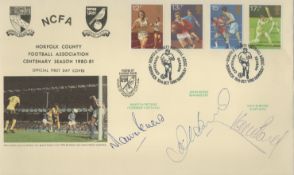 Norwich City Legends Martin Peters, John Bond and Kevin Bond signed Norfolk County FA FDC Double