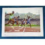 Linford Christie signed 22x16 colour Team GB Olympic Gold Big Blue Tube print. Linford Christie