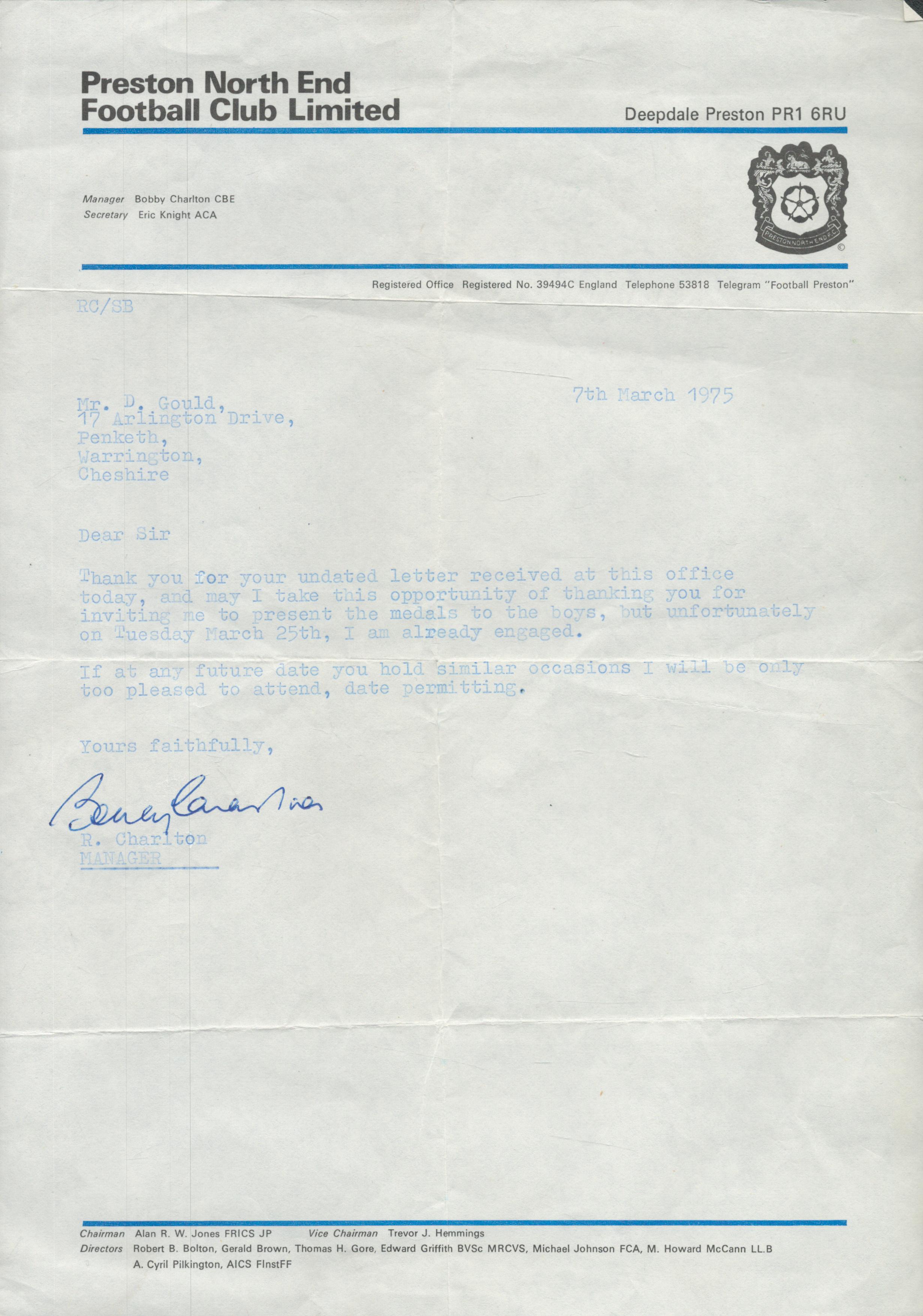 Bobby Charlton rare, signed Preston North End TLS dated 7th March 1975. Issued at the time of when