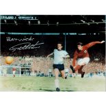 Geoff Hurst signed colour photo 16x12 Inch pictured scoring his Hat-trick Goal 1966 World Cup. All