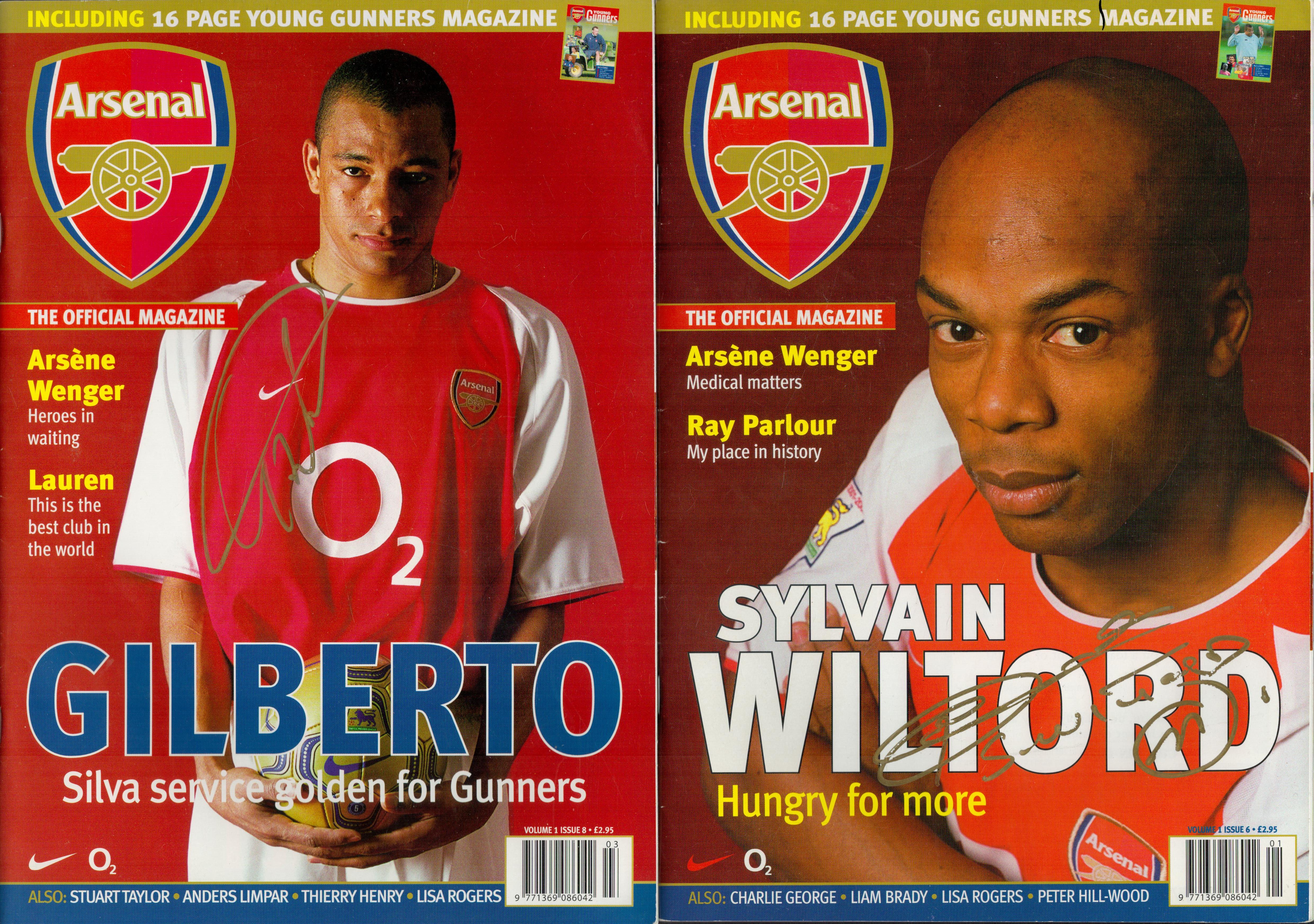 Football. Arsenal FC Collection of 3 Monthly Magazines Signed by Robert Pires, Gilberto and