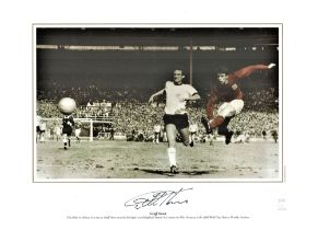 Football, Sir Geoff Hurst signed 12x16 colourised photograph picturing Hurst scoring the famous