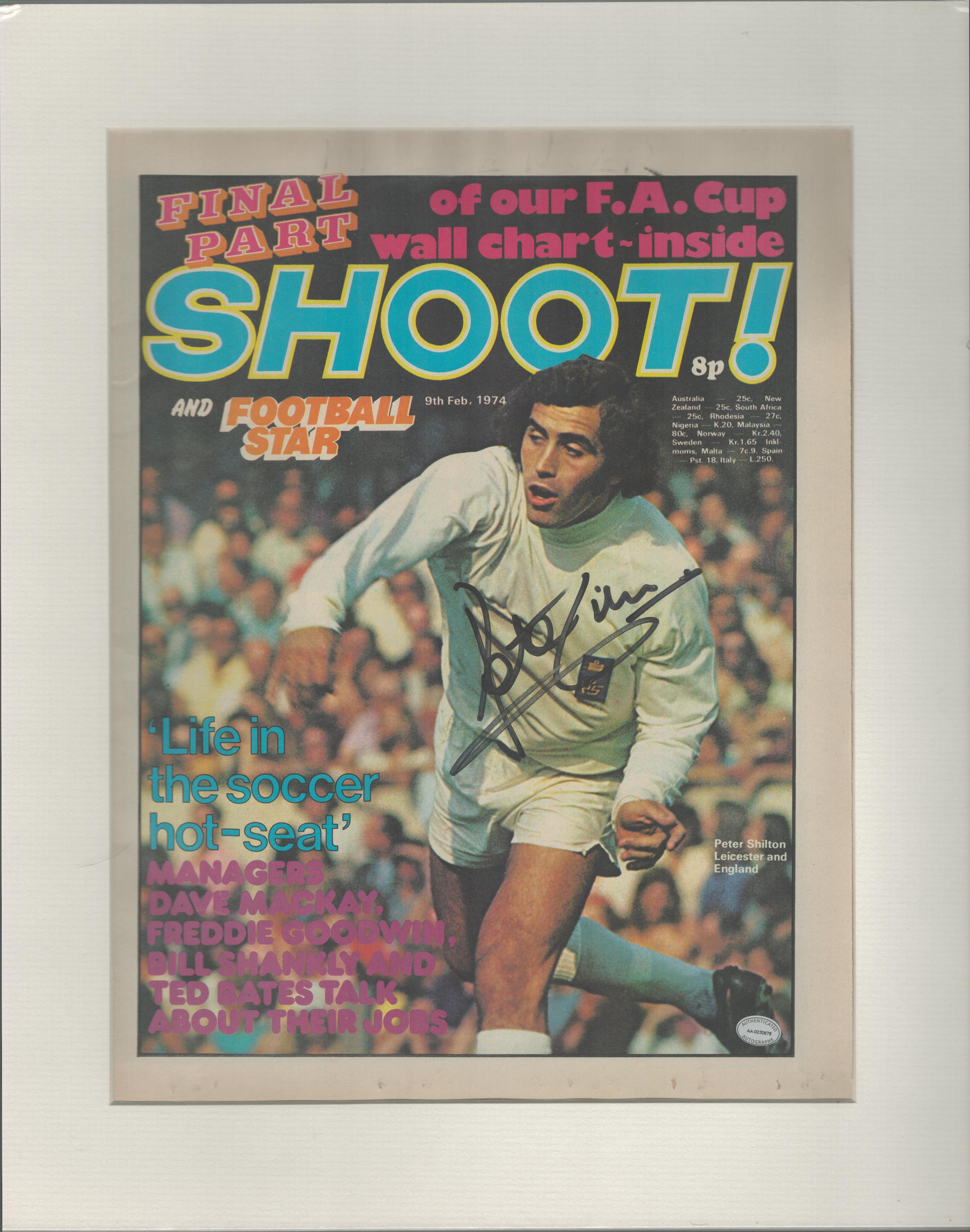 Peter Shilton signed 15x12 inch overall mounted colour Shoot magazine cover photo. All autographs