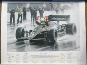 Ayrton Senna 21x19 inch colour print limited edition 68/100 titled Birth of a legend multi signed by