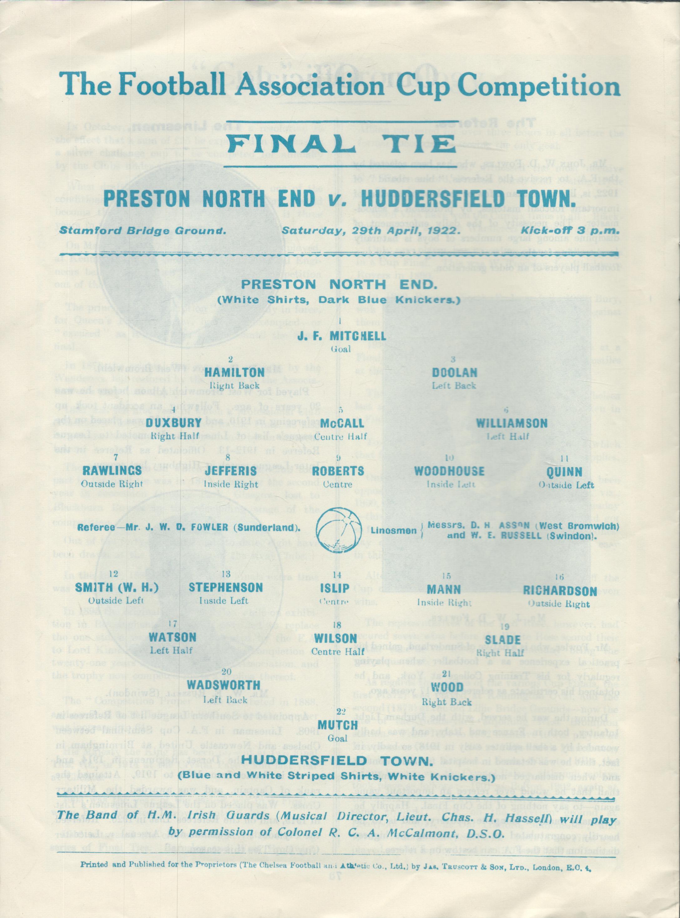 Football Preston North End v Huddersfield Town 1922 vintage FA Cup Final vintage programme. All - Image 2 of 2