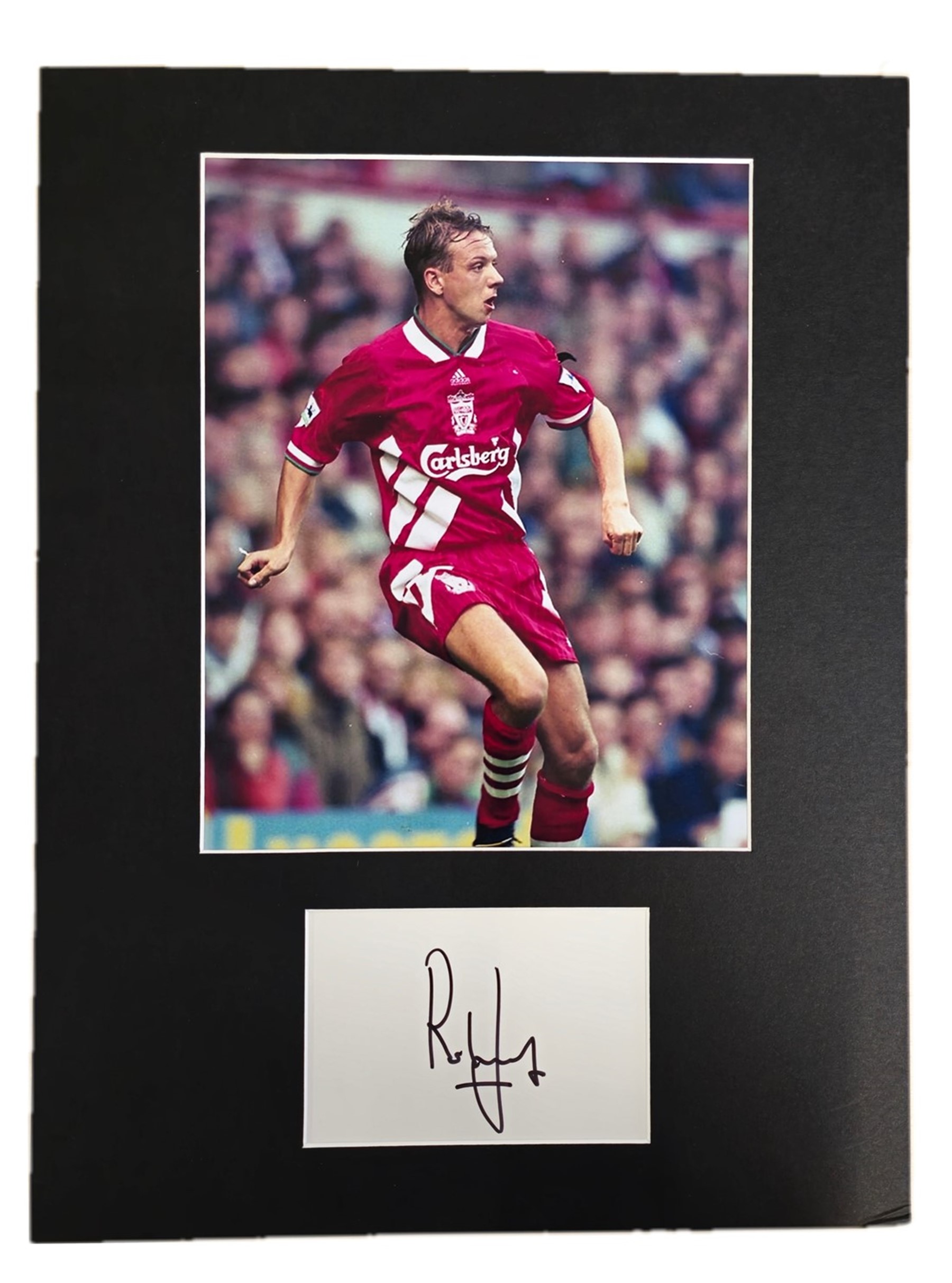 Former Liverpool Defender Rob Jones Signed Signature Card With Colour Photo, Mounted to an overall