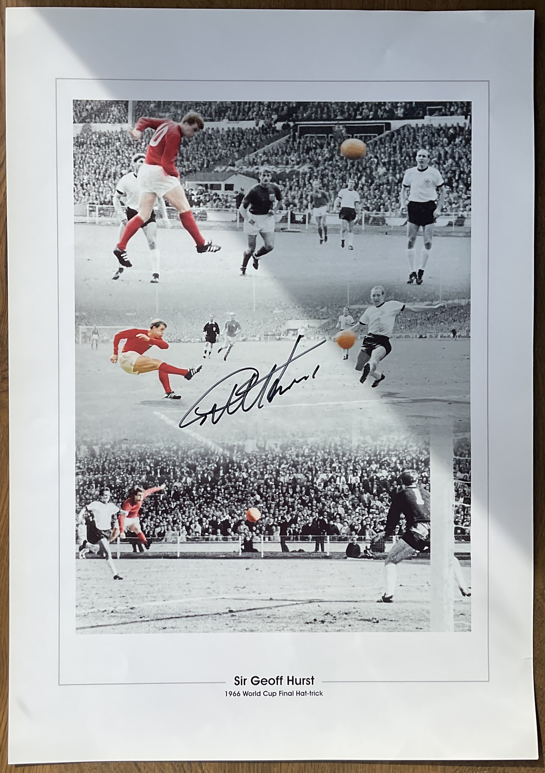Sir Geoff Hurst signed colourised montage Approx. 20x14 Inch 1966 World Cup Final Hat-trick. All
