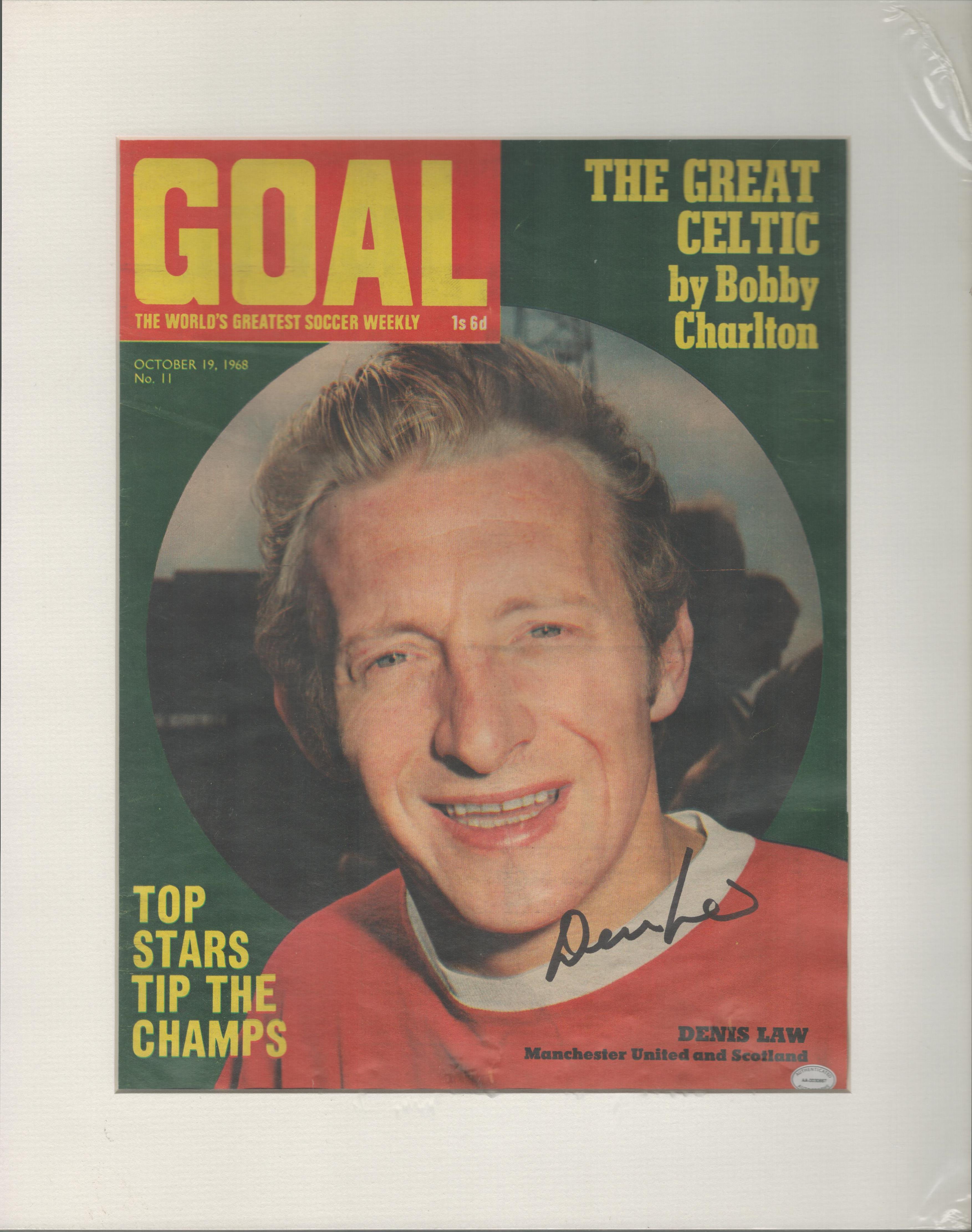 Denis Law signed 15x12 inch overall mounted colour magazine cover photo. All autographs come with