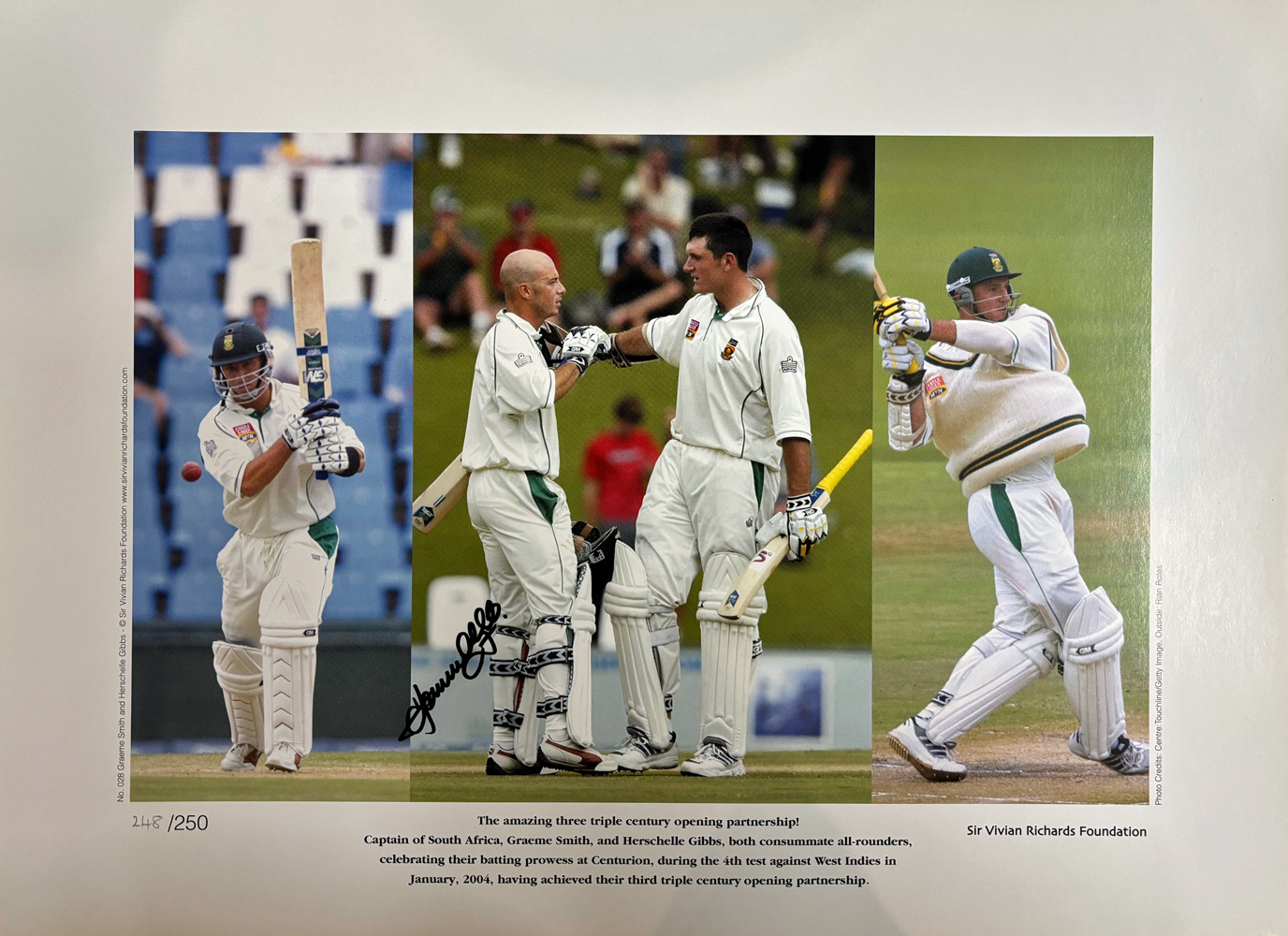 Herschelle Gibbs signed limited edition print with signing photo. Herschelle Gibbs was summoned from