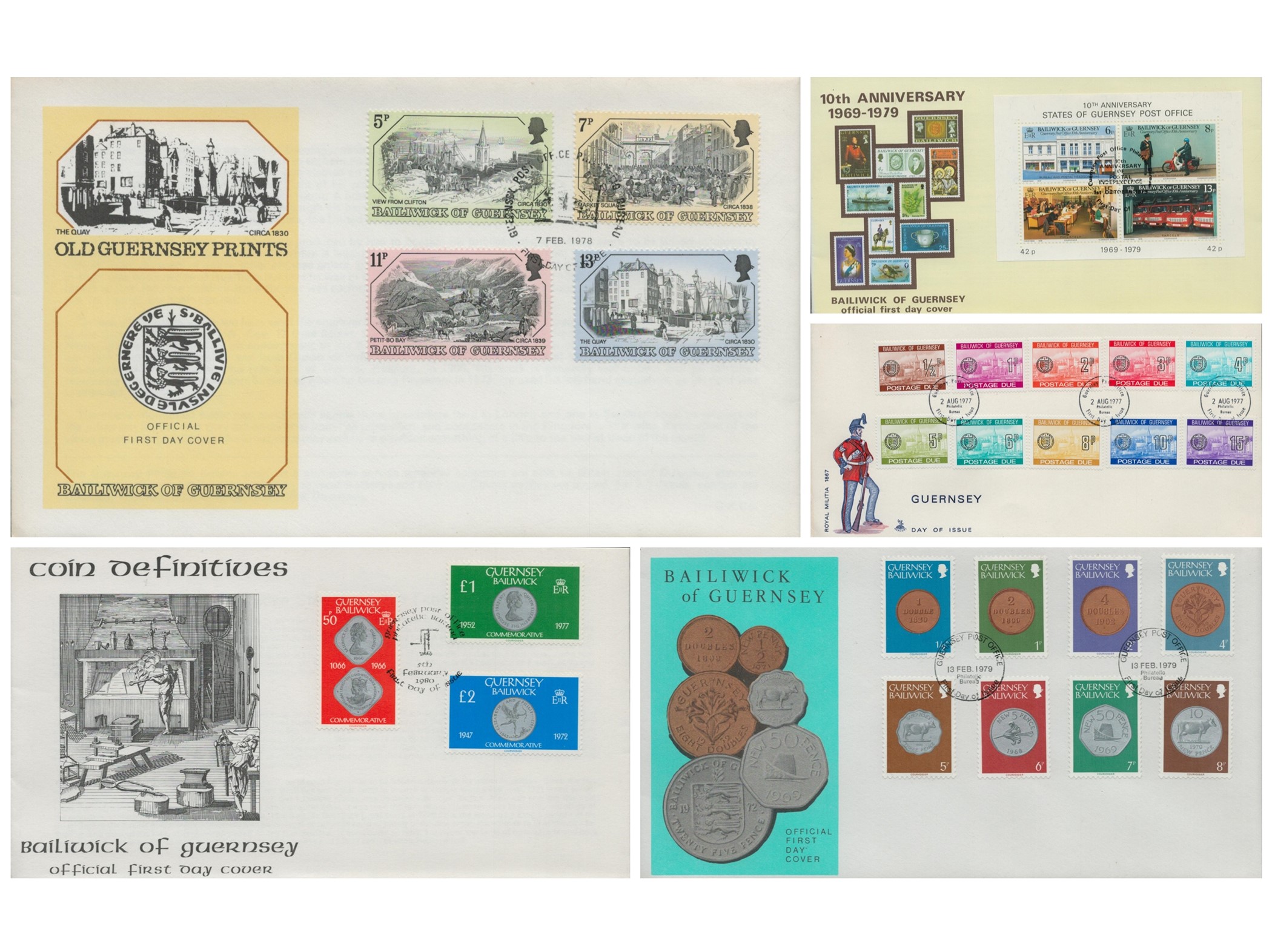 First Day cover Collection. 5 First Day Covers includes 10th Anniversary 1969-1979 Bailiwick of