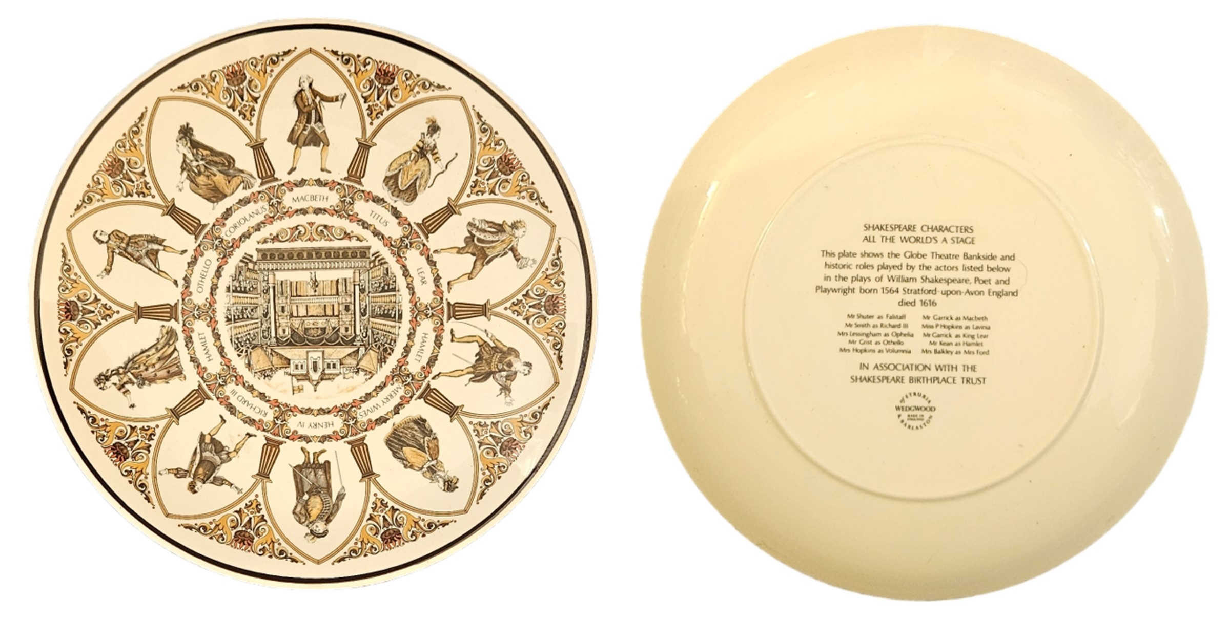 A Wedgwood Shakespeare Characters collectible plate, All the world's a stage. The plate shows the