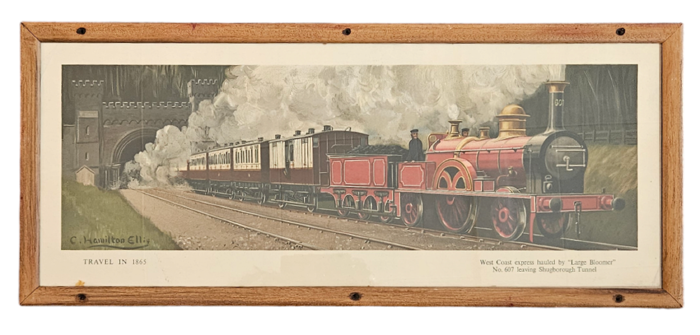 Original Railway Carriage Print 'Travel in 1865 - West Coast Express Hauled by Large Bloomer No. 607