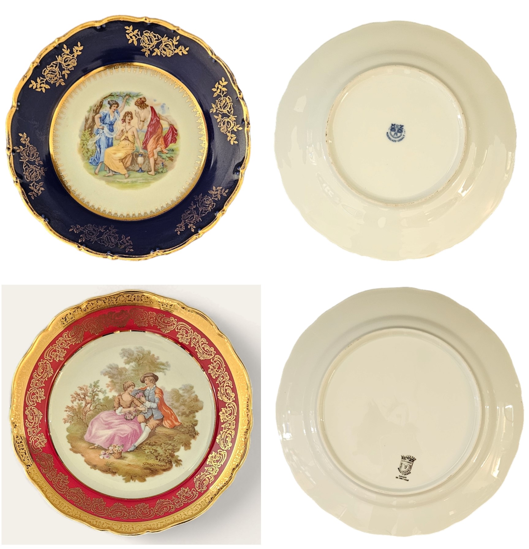 2 Decorative Plate Collection. Limoges Porcelain Fragonard Burgundy Cabinet plate, Made in France