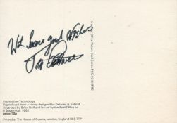 Jon Pertwee signed 6x4inch colour postcard. Signed on reverse. English actor. Good Condition. All