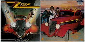 ZZ Top signed Eliminator 33rpm record sleeve. Signed by Frank Beard, Dusty Hill and Billy Gibbons.