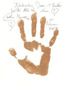 007 Bond movie actress Caroline Munro's actual personal hand print, in gold acrylic paint to art