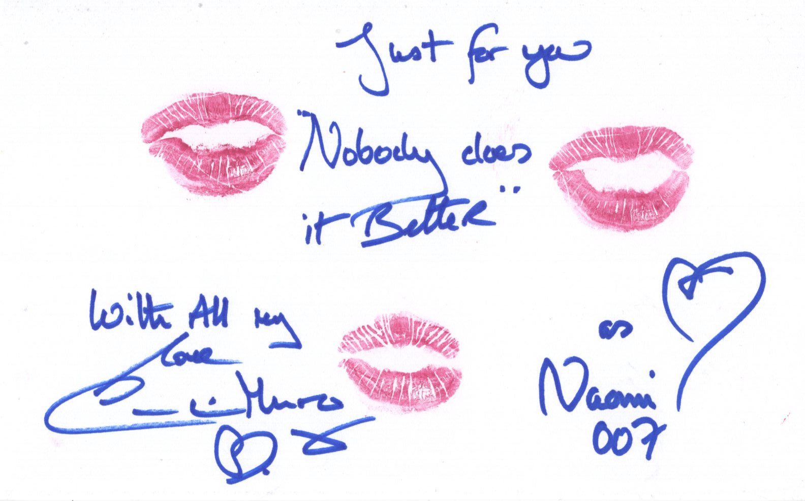 007 James Bond actress Caroline Munro signed 8x5 inch card upon which she has left the lipstick mark