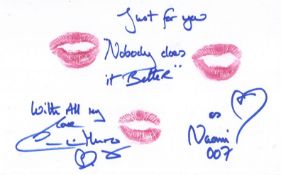 007 James Bond actress Caroline Munro signed 8x5 inch card upon which she has left the lipstick mark