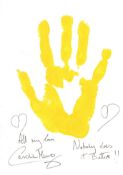 007 Bond movie actress Caroline Munro's actual personal hand print, in yellow acrylic paint to art