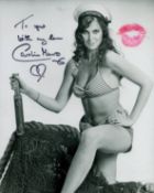 James Bond actress Caroline Munro signed and pink lipstick kissed sexy 10 x 8 inch b/w full length