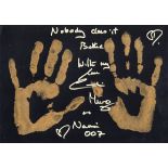 007 Bond movie actress Caroline Munro's actual personal double hand print, in gold acrylic paint