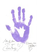 007 Bond movie actress Caroline Munro's actual personal hand print, in purple acrylic paint to art
