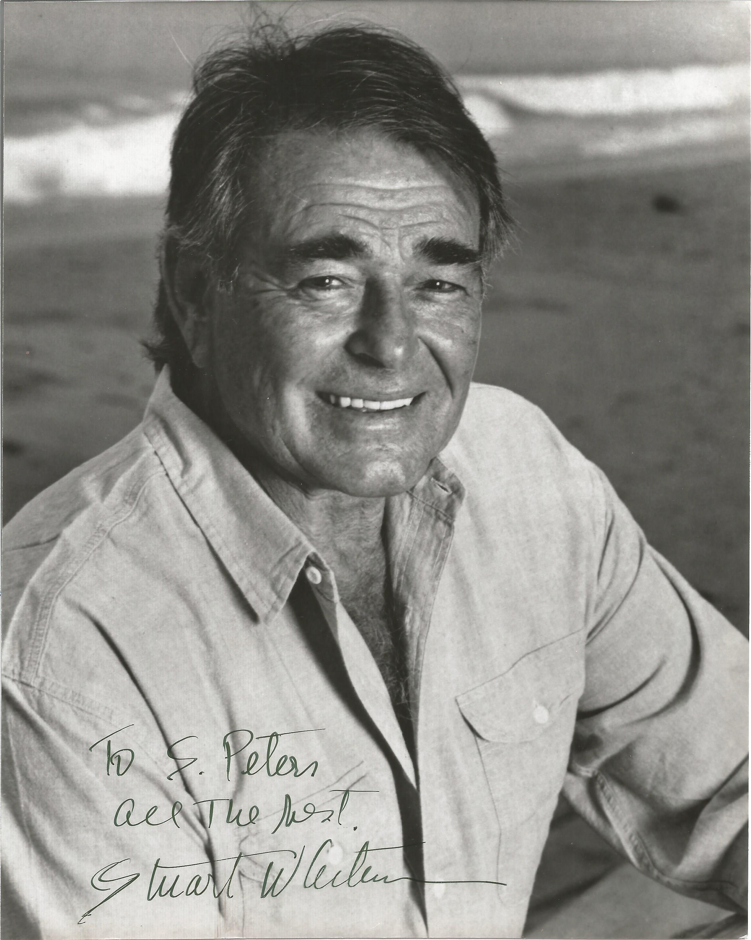 Stuart Whitman signed 10x8 inch black and white photo dedicated. Good Condition Est