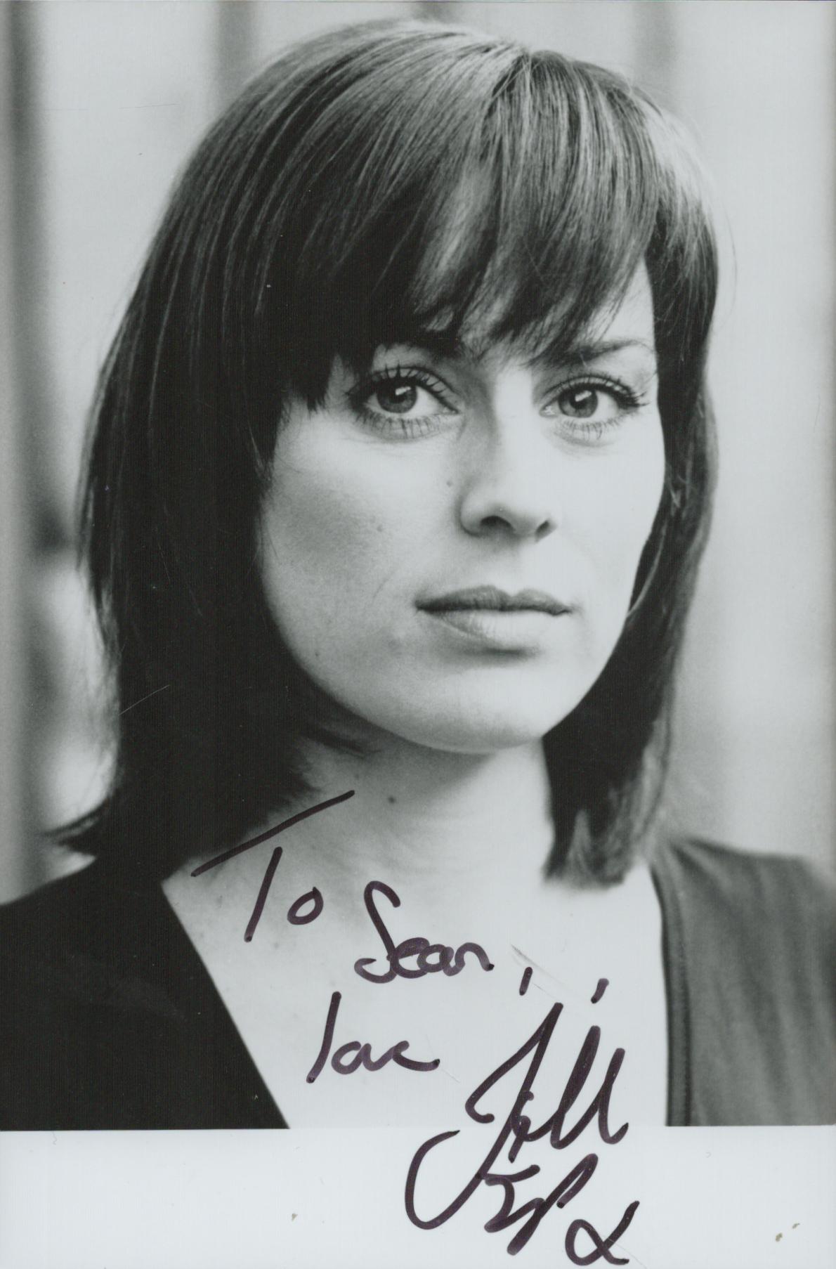 Jill Halfpenny signed 6x4 inch black and white photo dedicated. Good Condition Est