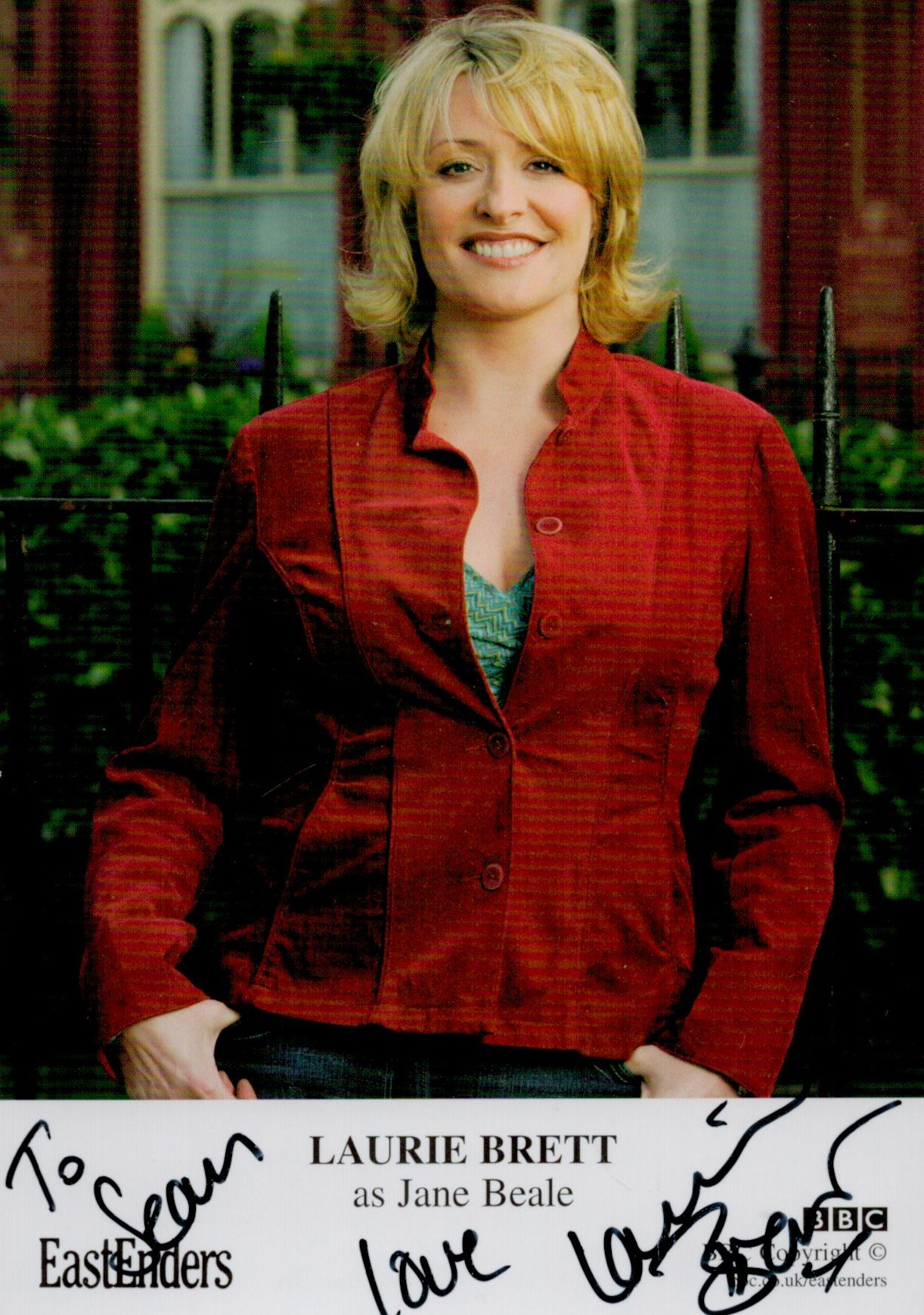 Laurie Brett signed promo colour photo Approx. 6x4 Inch. Dedicated. As Jane Beale is a fictional