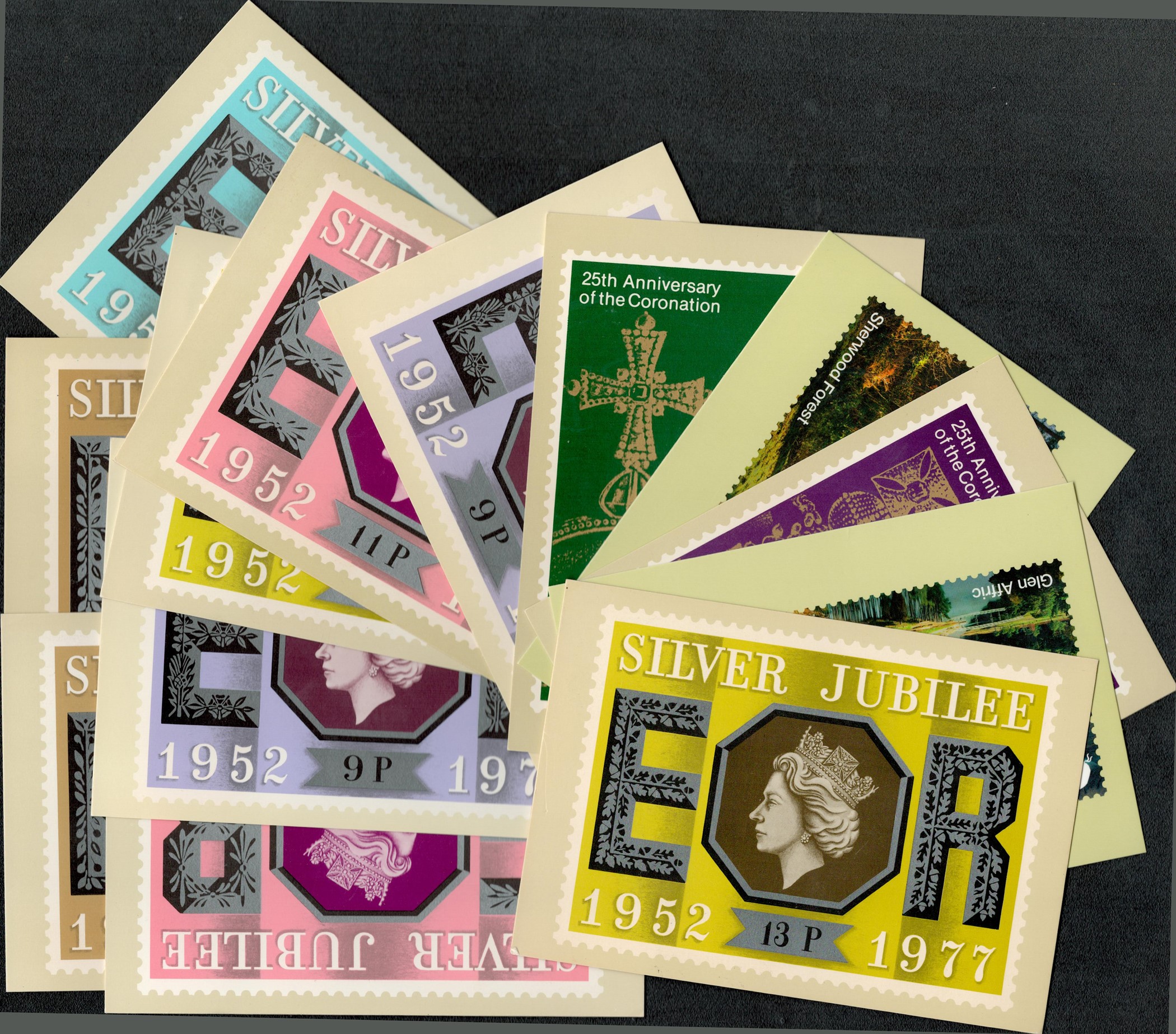 Postcard Royal mail collection includes Silver Jubilee, 25th Anniversary of the Coronation, Forests.