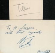Tennis - Wimbledon mens singles champions. 2 signed cards: Bill Tilden (1920, 1921 & 1930 -