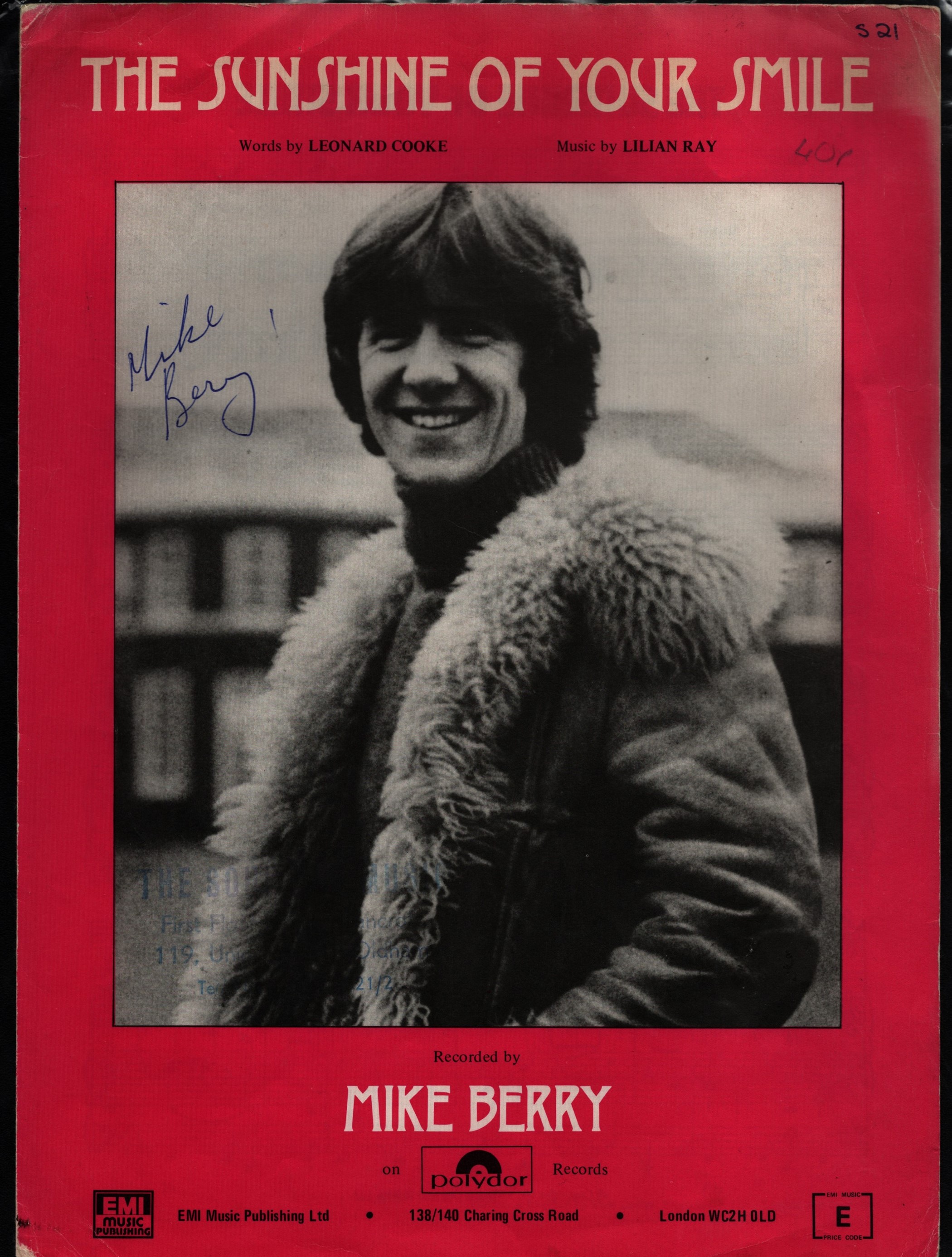 MIKE BERRY Singer signed vintage 'The Sunshine Of Your Smile' Sheet Music