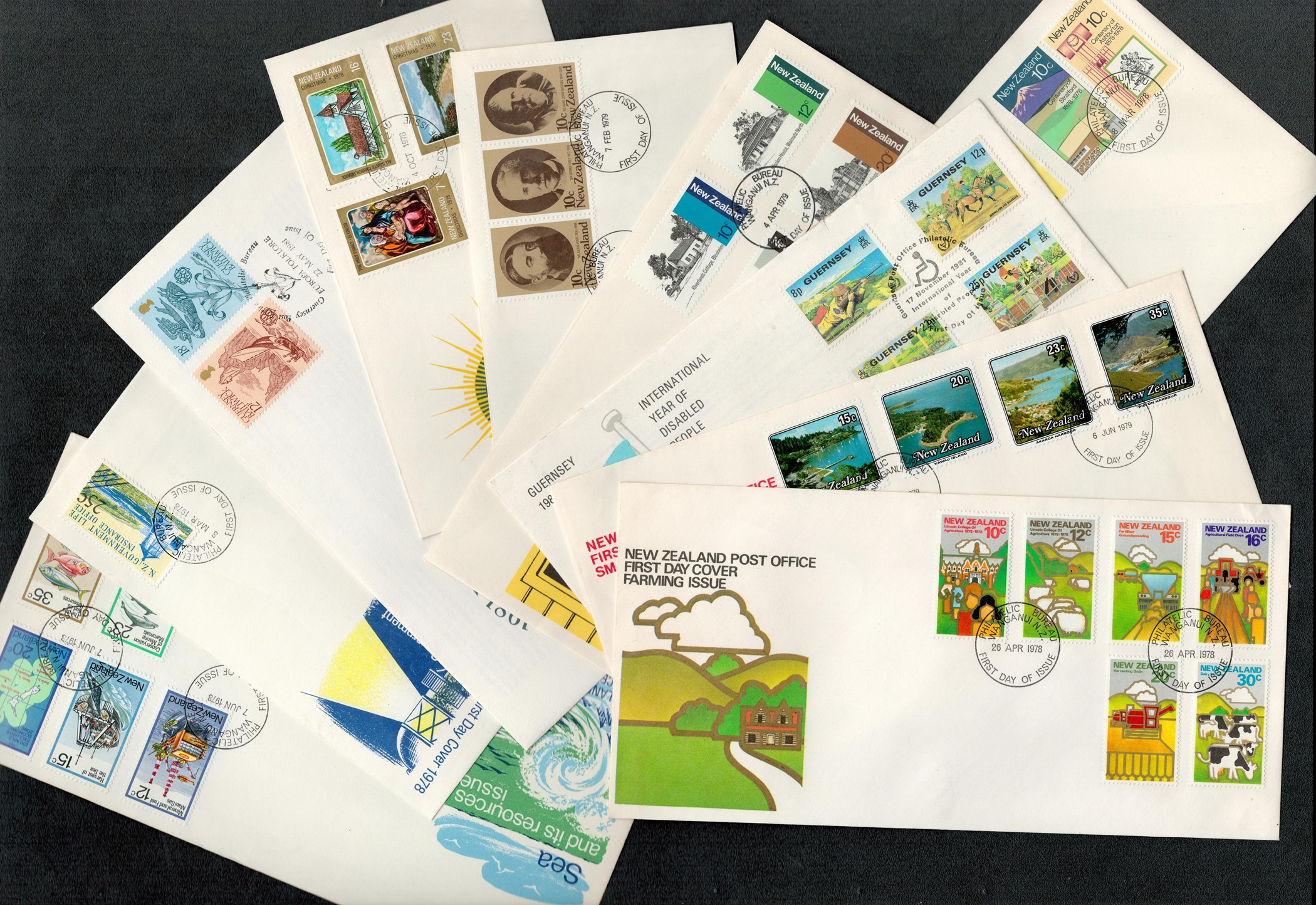 FDC New Zealand Post Office collection includes Farming Issue 1978, Small Harbours Issue 1979,