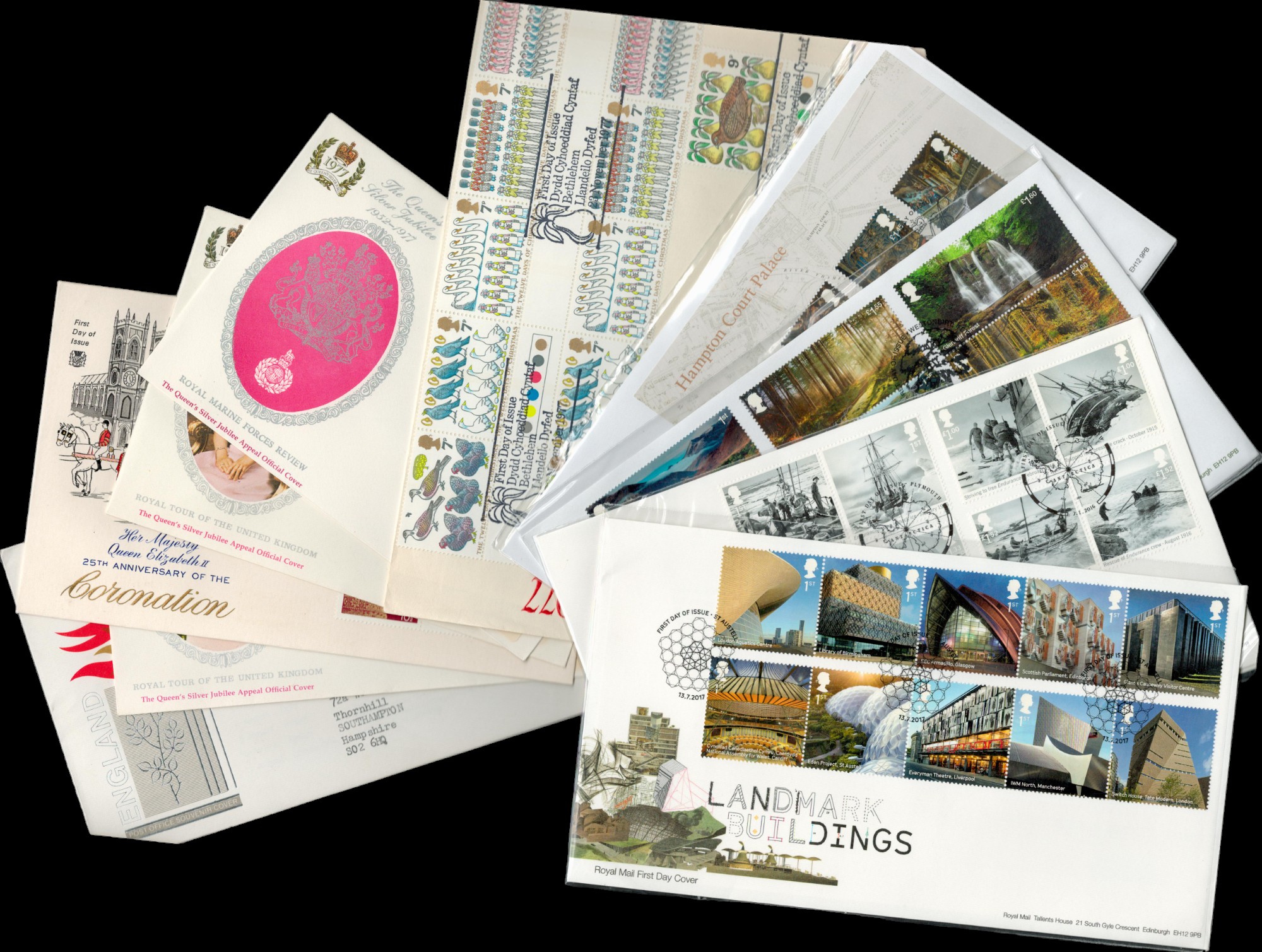 FDC Collection includes Landmark Buildings 13th July 2017, Christmas 1977 23rd November 1977,