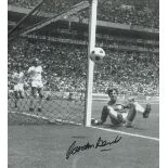 Gordon Banks signed 11x10 inch black and white photo pictured after the miracle save from Pele