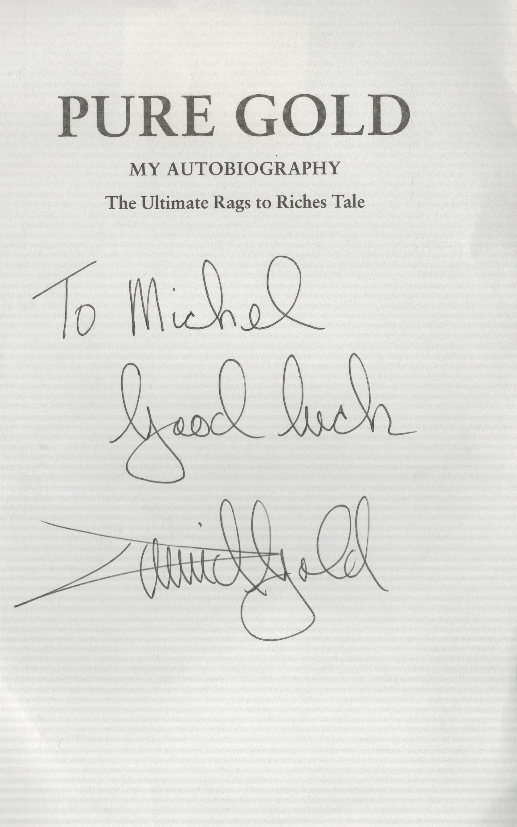 David Gold signed 9x6 inch loose book title page Pure Gold My autobiography dedicated.