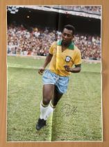 Pele signed 34x24 inch colour canvas pictured early on in his career playing for Brazil. Folded.