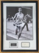 Lord Sebastian Coe signed white card mounted and framed with black and white photo of him breaking