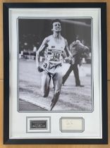 Lord Sebastian Coe signed white card mounted and framed with black and white photo of him breaking