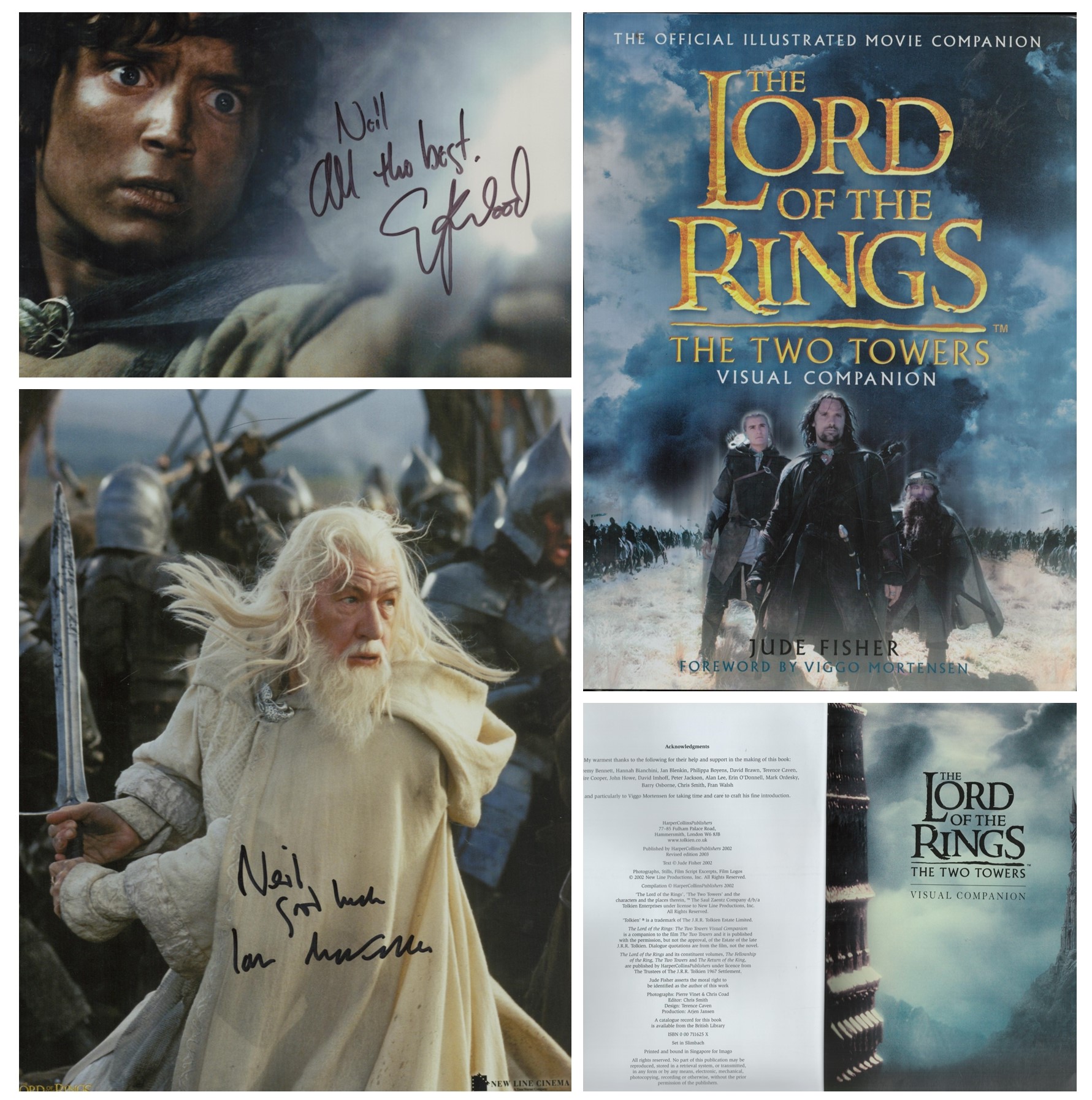 2 x signed Ian McKellen and Elijah Wood Colour Photos 10x8 Inch. Plus Hardback Book Unsigned. 'The