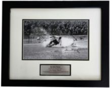Sir Tom Finney signed black and white The Famous 'Splash' photo mounted and framed with dedication