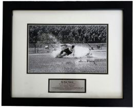 Sir Tom Finney signed black and white The Famous 'Splash' photo mounted and framed with dedication