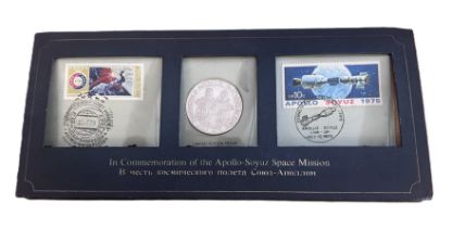 Commemorative sterling silver limited edition proof coin. In commemoration of the Apollo-Soyuz space