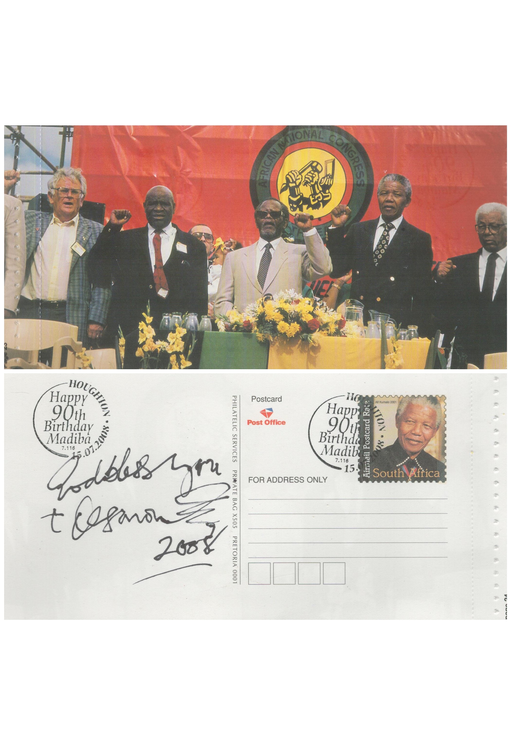 Desmond Tutu signed Postcard single stamp plus single postmark 15 Jul 2008. Happy 90th Birthday,