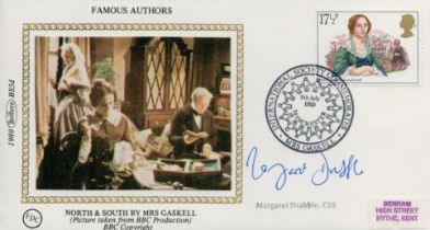 Margaret Drabble CBE signed FDC. Famous Authors North and South by Mrs Gaskell. Single postmarked