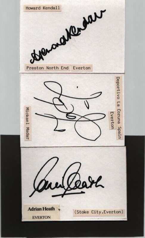 Everton 3 Signed Cards By Howard Kendall, Mikael Madar And Adrian Heath. Good Condition. All